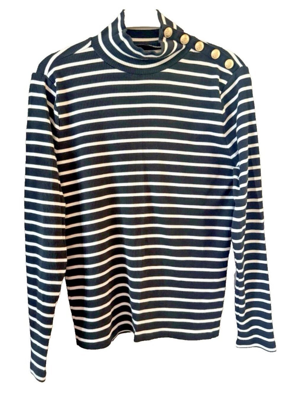 J.Crew Rib Turtleneck Top Women's Sz L Black White Stripe Mock Neck Gold Buttons